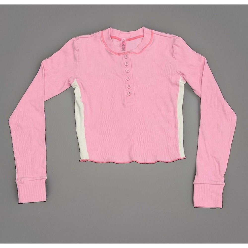 SKIMS Stretch Cotton Rib Long Sleeve Crop Henley Bubblegum Pink White Size Small